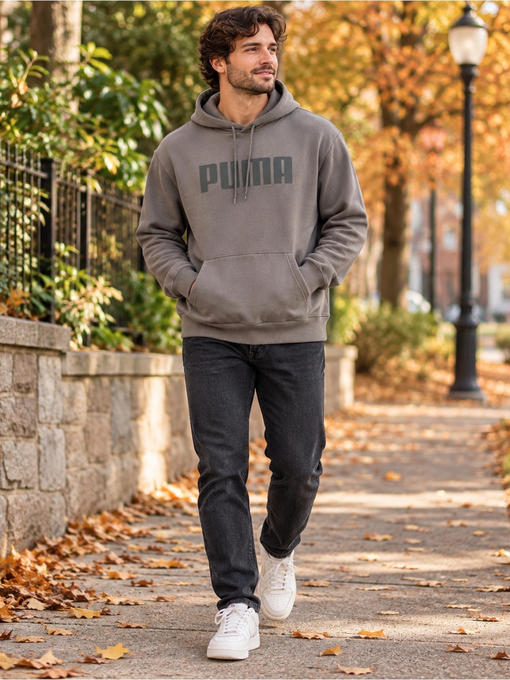 PUMA Mens Large Gray Tonal Logo Pullover Hoodie Fleece Sweatshirt L